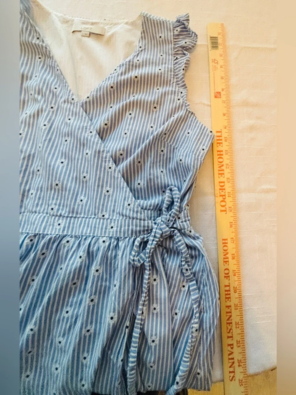 LOFT Light Blue & White Striped Midi Wrap Dress with Ruffle Sleeves Women’s L - Picture 10 of 11